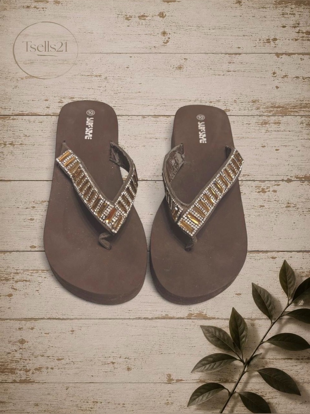 Surf Style Y2K Style Gold Jeweled Thong Sandals - Women's Brown Flip Flops